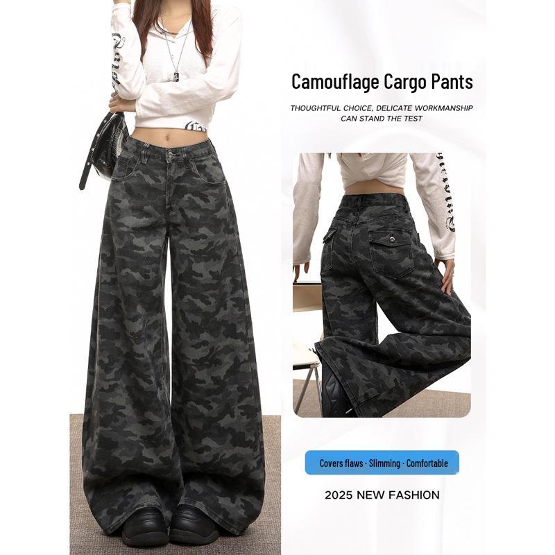 

Women s Plus Size Camouflage Cargo Wide-Leg High-Waist Jeans - Summer Slimming Straight Leg Pants 3XL камуфляжный