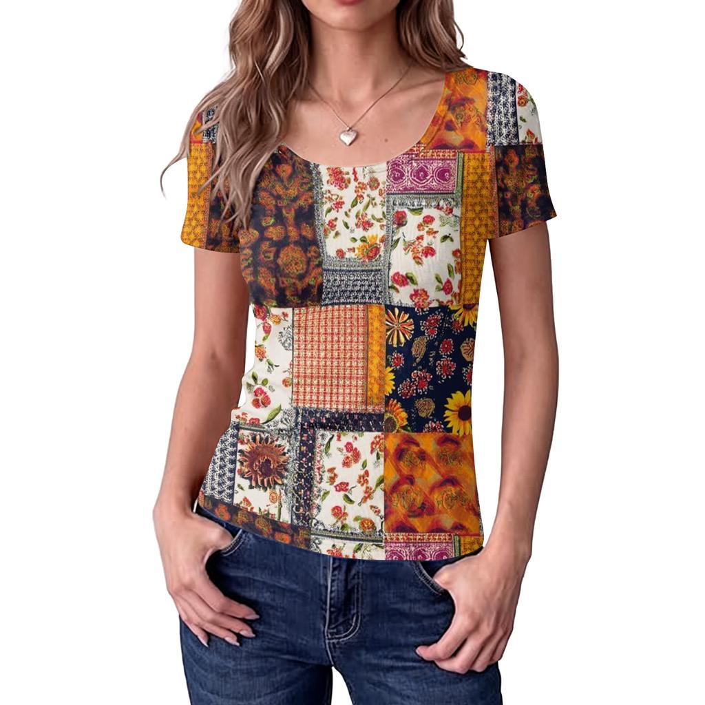 Women's Slim Fit Short Sleeve Top Square Neckline Vintage Floral Print Patchwork Design Casual Lightweight Blouse