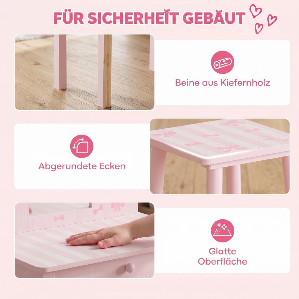Kids Vanity Table Set 2 In 1 with Stool for Girls 3-6 Pink