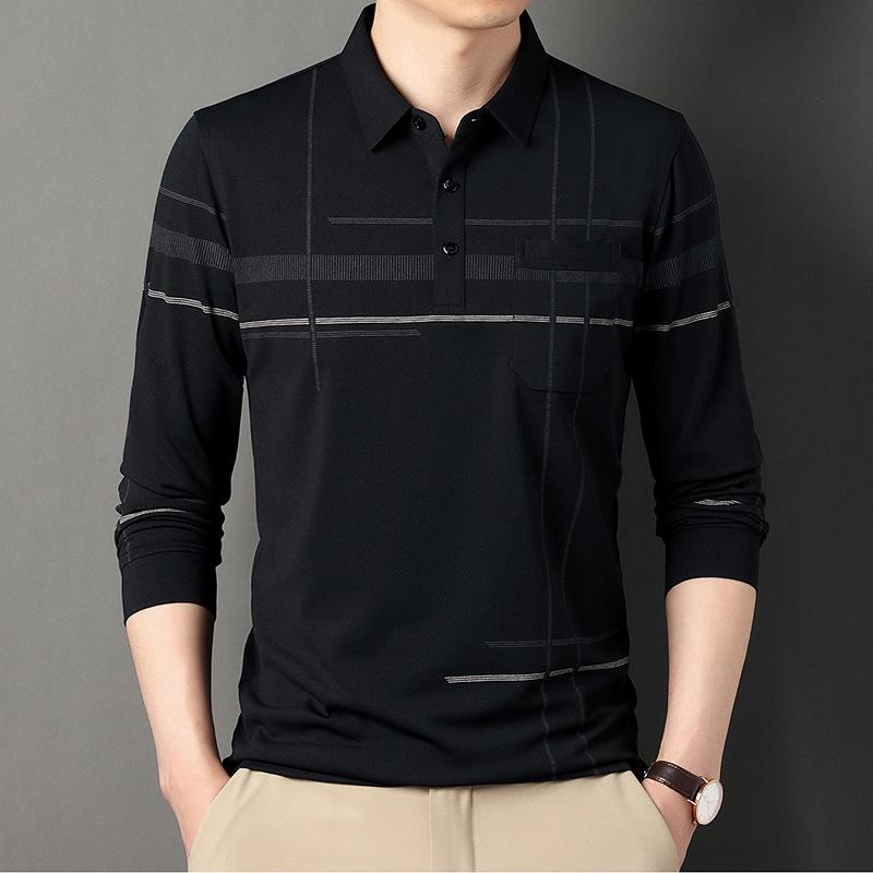 New Dad Wear Men's Lead Long-Sleeved T-shirt Men's Real Pocket Top Striped Men's Polo Shirt with Pockets