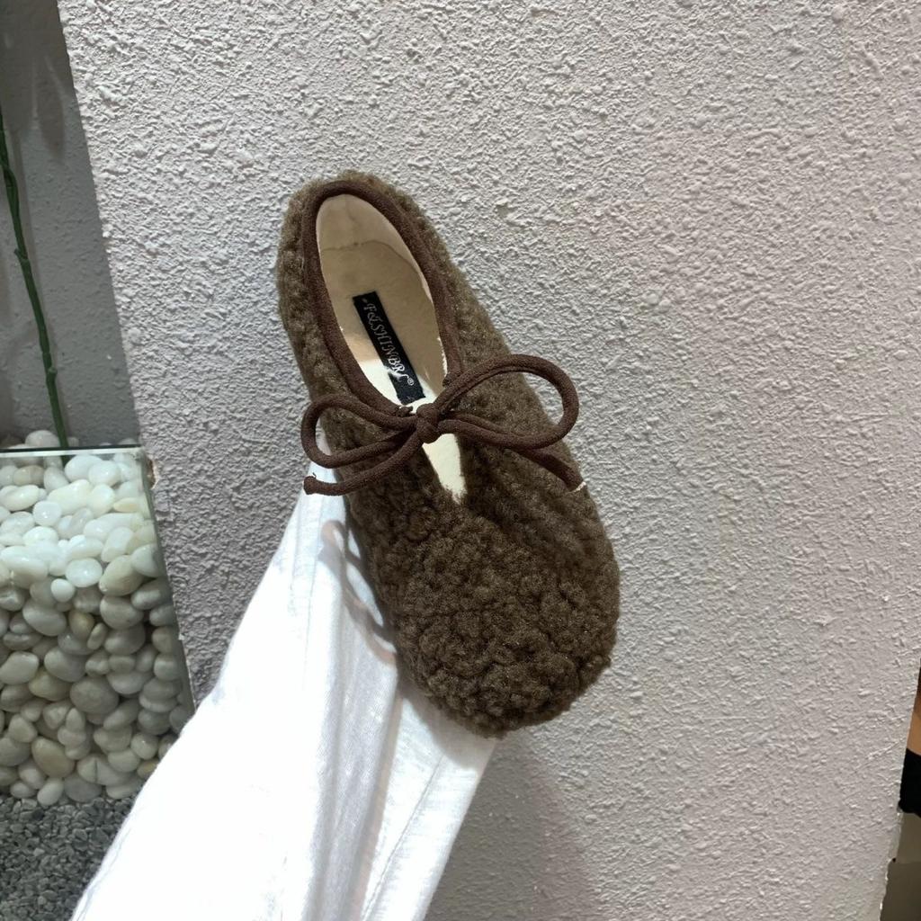 2025 Winter New Flat-bottomed Comfortable Lamb Wool Shoes Women Wear Beanie Shoes Bow Velvet Thermal Cotton Shoes