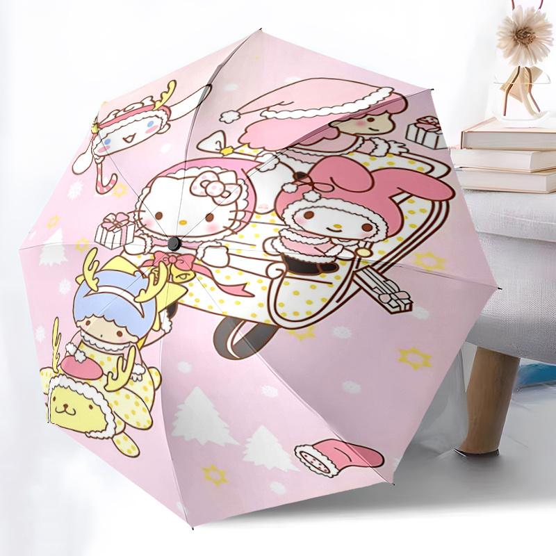 1pc Hello Kitty Christmas Edition Automatic Opening/Closing Umbrella - Portable Three-Fold Design with 8-Bone Iron Frame, Perfect for Outdoor Use, Fes