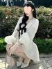 French Elegant High-end Bow V-neck Pleated Slim-fit White Dress for Women - Autumn Style