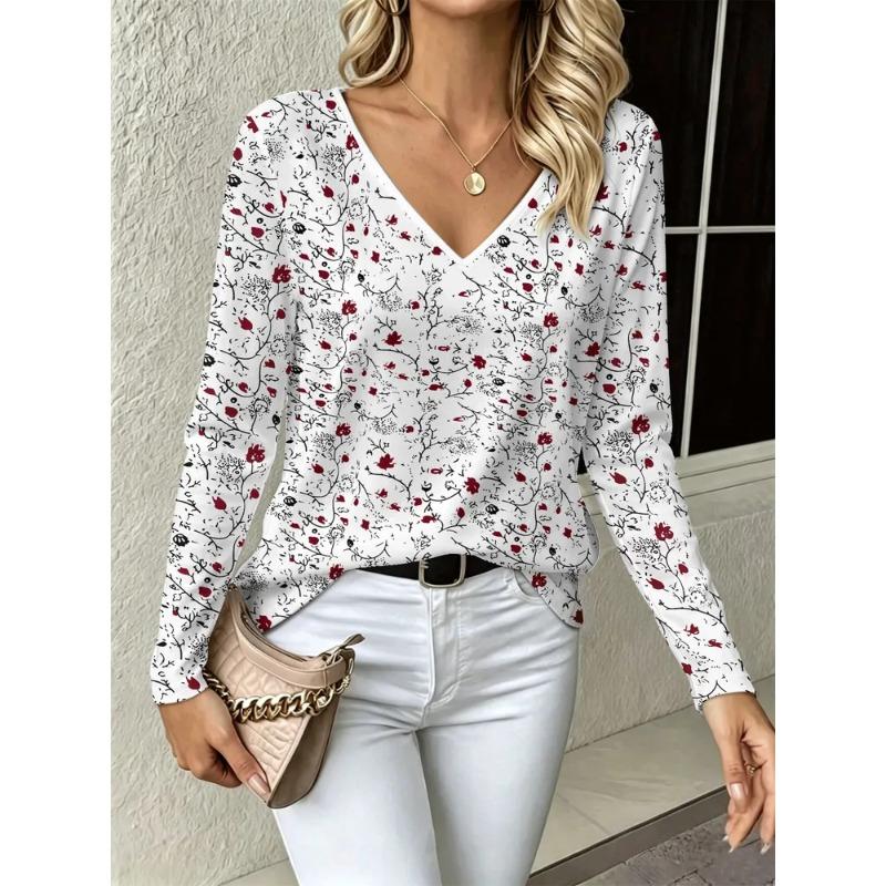 Sommer Damen 3D-Druck V-Ausschnitt Langarm T-Shirt Mode Vielseitig Atmungsaktiv Trend Lässig