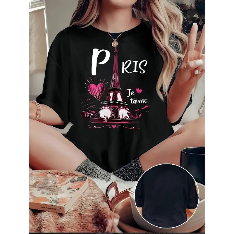 

European sizes Paris Eiffel Tower Graphic Print T-Shirt for Women, Casual Crew Neck, Polyester Knit Fabric 4XL