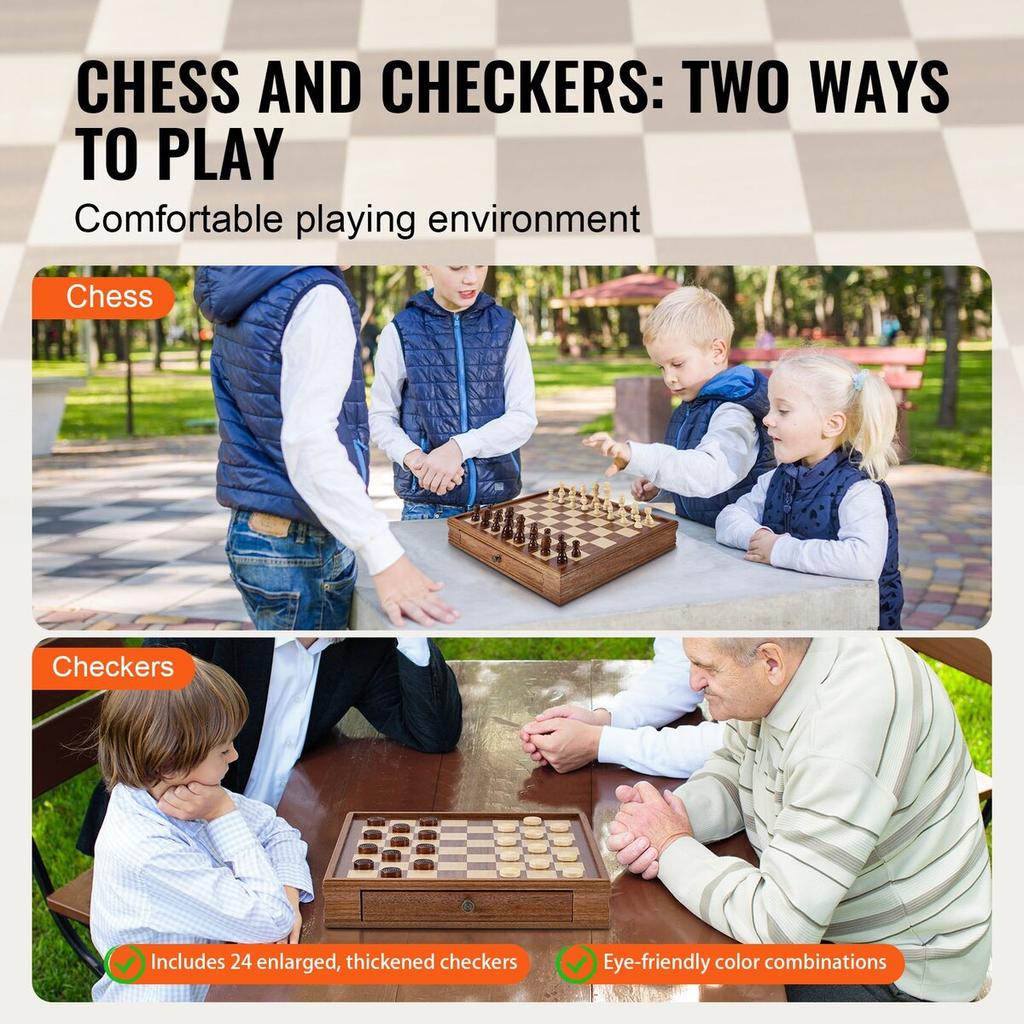 Solid Wood Chess Set, 15 Inch 2-IN-1 Chess Checkers Game Set, Chess Board Games with Storage Drawer & Weighted Chess Checkers Pieces & 2 Queens, for