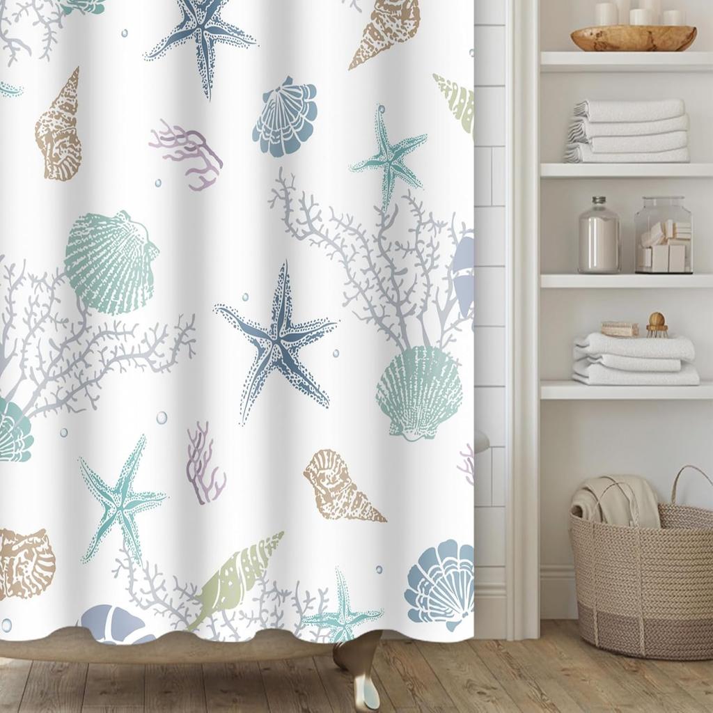 Ocean Theme Shower Curtain, Starfish Coral Nautical Coastal Shower Curtain Set for Bathroom, Nautical Marine Theme Seashell Conch Fabric Bath Curtain