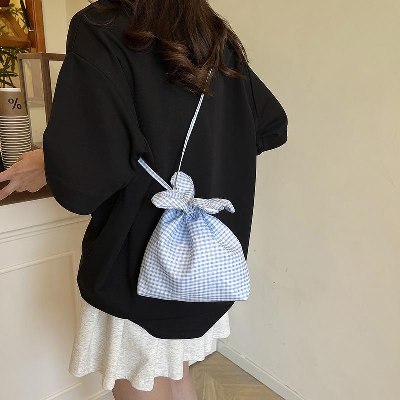 Korean Plaid Embroidered Flower Bag Women's 2025 New Casual Drawstring Canvas Bag Commuter Shoulder Crossbody Bucket Bag