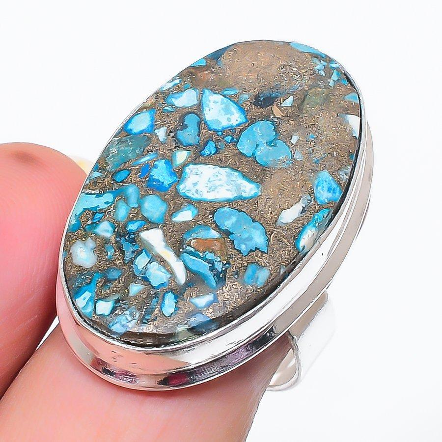 

Copper Blue Turquoise Handmade 925 Sterling Silver Jewelry Ring Size 9 t8h83