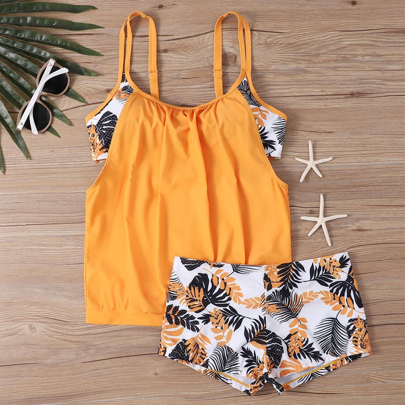 

Новинка 2024 года, комплект из двух предметов, женский повседневный комплект танкини с тропическим принтом, комплект купальника, регулируемые подтяжки с эластичными шортами XL оранжевый