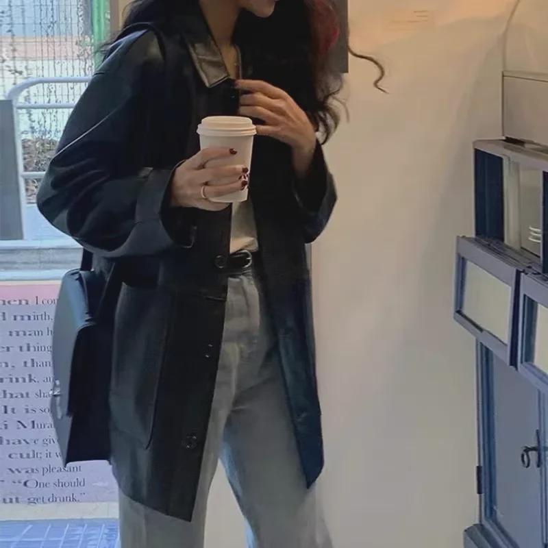 2024 Autumn Women's Retro Casual Faux Leather Jacket from South Korea