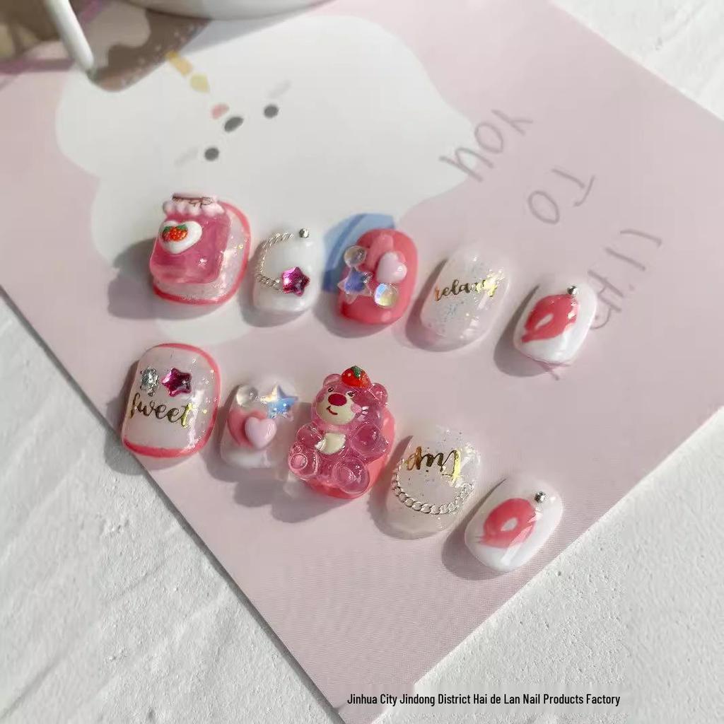 Strawberry Bear Short Wearable Nails - Cute Cartoon Design, Gentle Whitening, Handmade Finished Manicure Patches