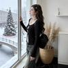 Women's Black V-Neck Lace Patchwork Knit Top - Long Sleeve, Hollow Out Inner Layer for Autumn/Winter.