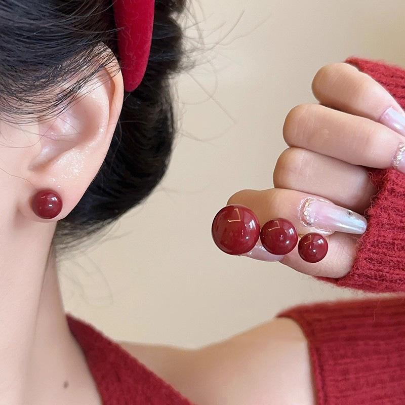 S925 Sterling Silver Red Mantou Pearl Stud Earrings - Retro Hong Kong Style, Elegant, High-End Fashion Accessories for Women