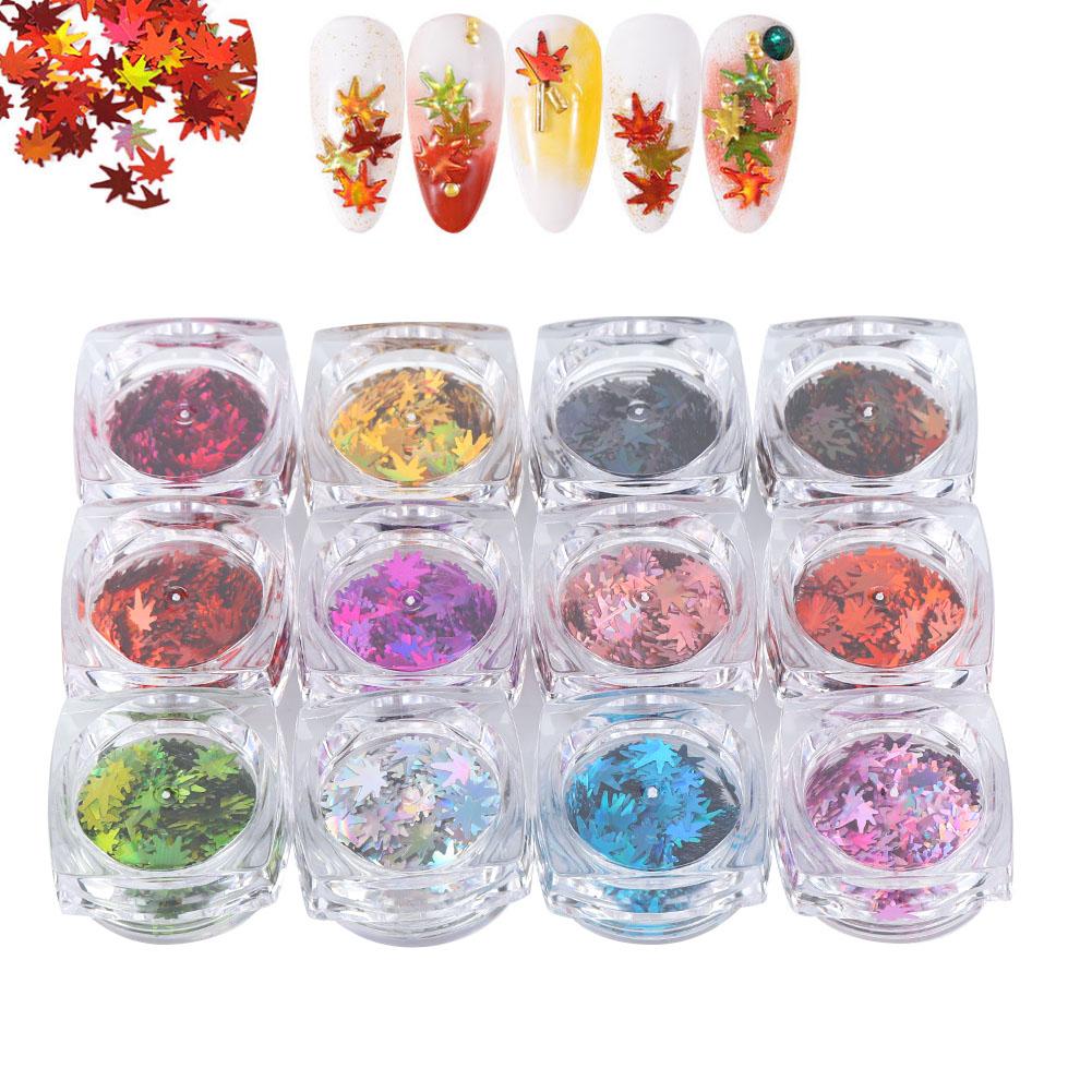 12 Colors Maple Leaf Shaped Nail Art Sequins Nail DIY Decoration Shining Pailletteqt0273