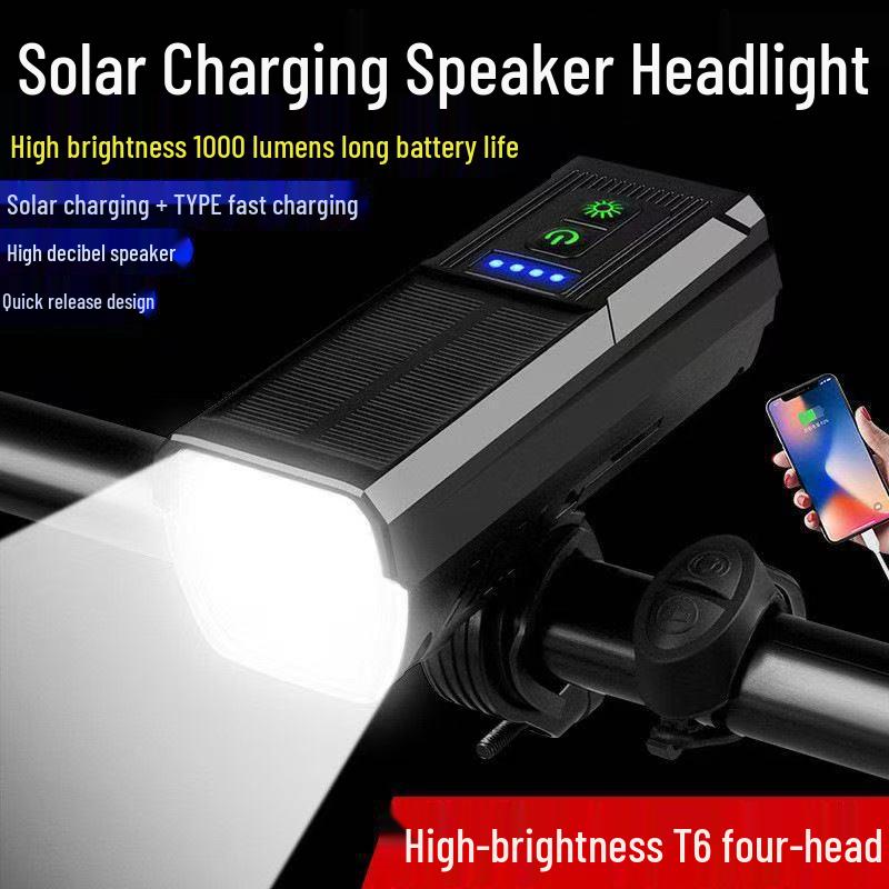 

Суперяркая велосипедная фара на солнечной батарее с гудком 2000mAh T6 Solar Headlight + Horn