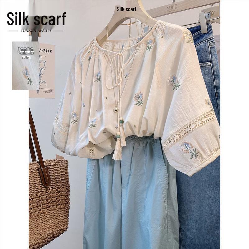 Sisposhe Women s Embroidered Lace-Up Cotton Blouse L