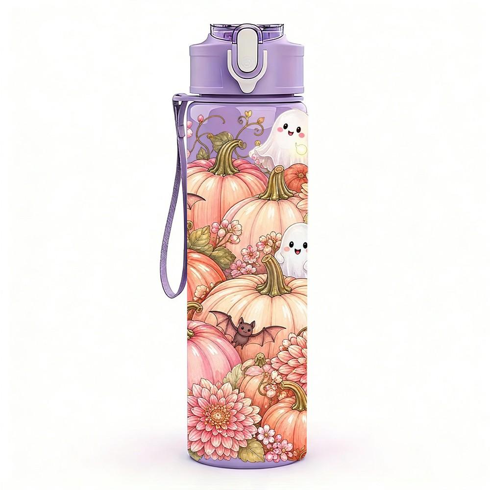 1PC Autumn Pumpkin Floral Wreath Pattern 750ml Color Plastic Sports Water Bottle Leakproof Flip Straw Lid Suitable for Sports Office Home Use