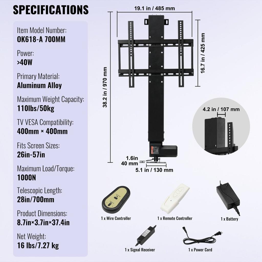 Motorized TV Lift Stroke Length 28 Inches Motorized TV Mount Fit for 26-57 Inch TV Lift with Remote Control Height Adjustable 28 Inch Load Capacity