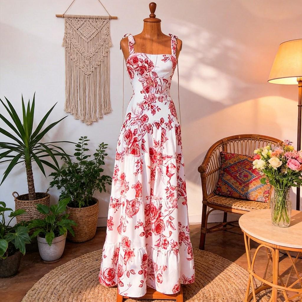Summer Printed Sleeveless Maxi Dress With Cotton Blend Fabric For Beach Vacation