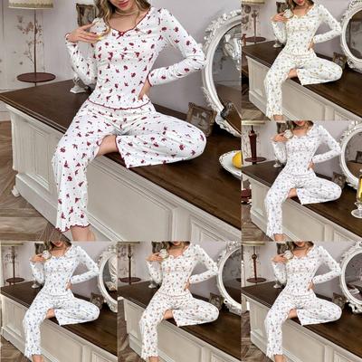 Ensemble Pyjama Printemps et Automne Style Européen et Américain pour Femme Sexy Décontracté 2 Pièces Haut à Manches Longues et Pantalon Long Vêtements d'Intérieur