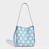 Vacation Style Niche Woven Bucket Bag, Women's New Fashionable Black and White Grid Single Shoulder Bag, Crossbody Bag, Large Capacity