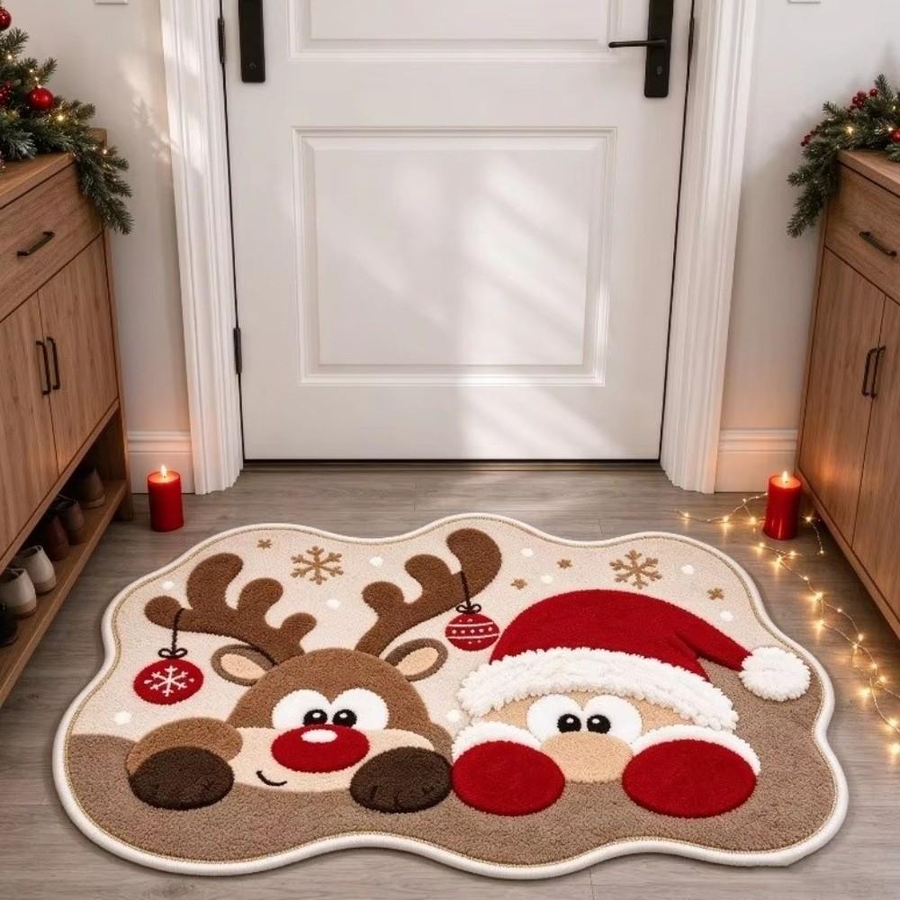 Non-Slip Reindeer Print Rug Imitation Cashmere Entryway Mat Christmas Irregular Rug Christmas