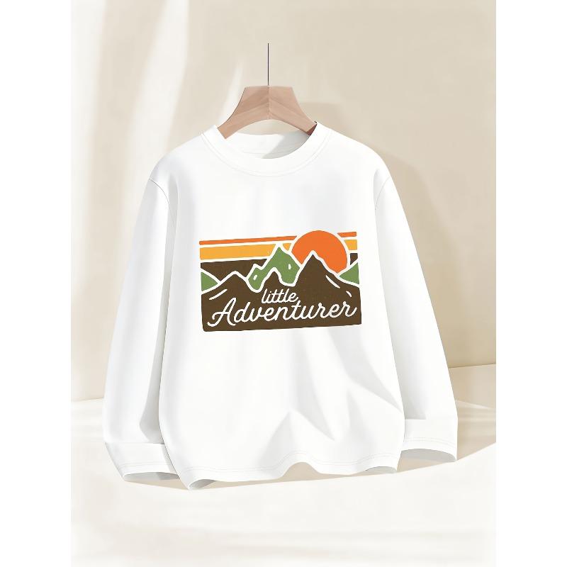 Cotton Kids Sweatshirt with Mountain & Tree Print - Little Adventurer Logo, Outdoor-Themed Casual Top ,Soft Round Neck Sweatshirt (Spring/Fall)