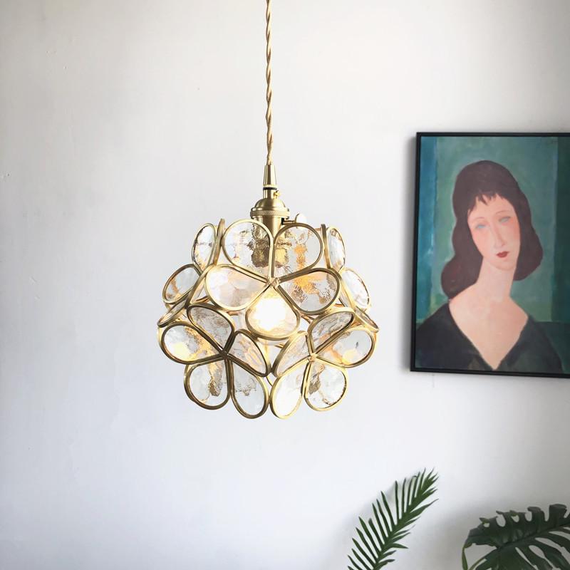 Nordic Japanese Handmade Brass and Glass Petal Chandelier for Bedroom, Bedside, Restaurant, or Entrance