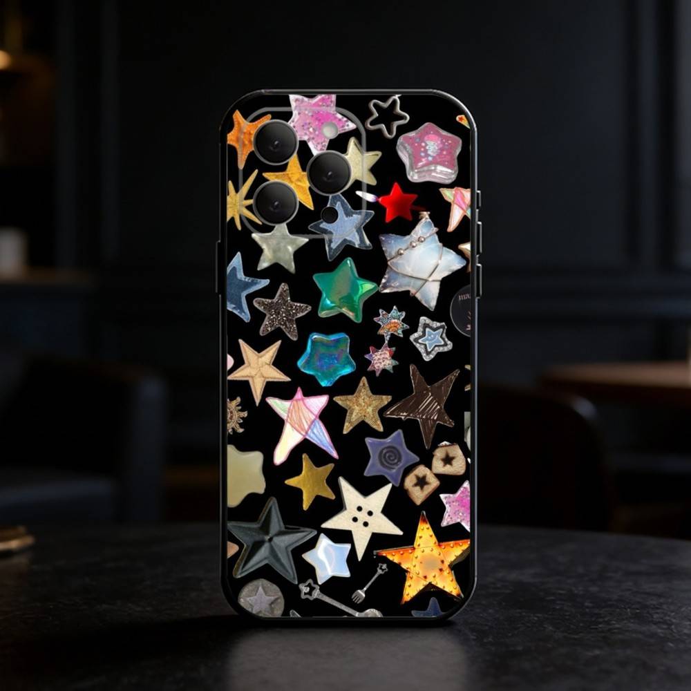 Colorful Star Phone Case For iPhone 17,16,15,14,13,12,11 Plus,Pro Max,SE4Soft Silicone Black Cover