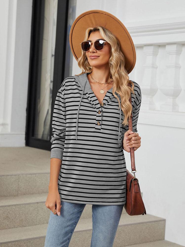 Elegant and Fashionable Fall and Winter Comfortable Hooded Button Drawstring Casual Long Sleeve Sweatshirt Top Pullover Hoodies