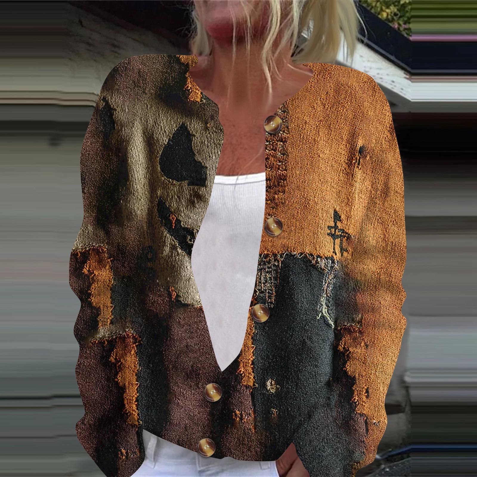 

Женская модная принтованная куртка с длинным рукавом и вязанным кардиганом на пуговицах XL шафрановый