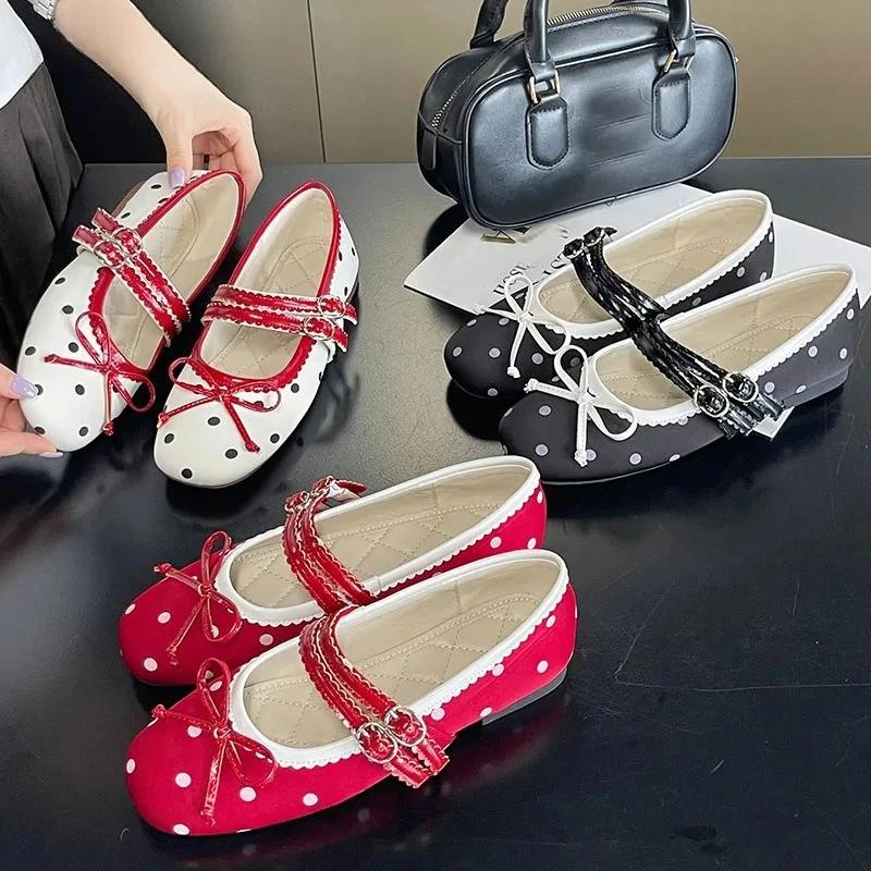 Bow Dot Ballet Flats for Women Round Toe Double Strap Buckle Design Elegant Mary Jane Shoes Fashion Party Comfort Banquet Shoes