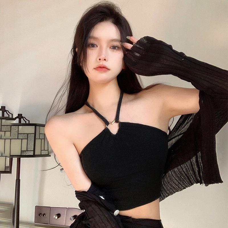 Korean Solid Color Halter Sweet Slim Vest Camis Sexy Exposed Navel Camisole Crop Top Tanks