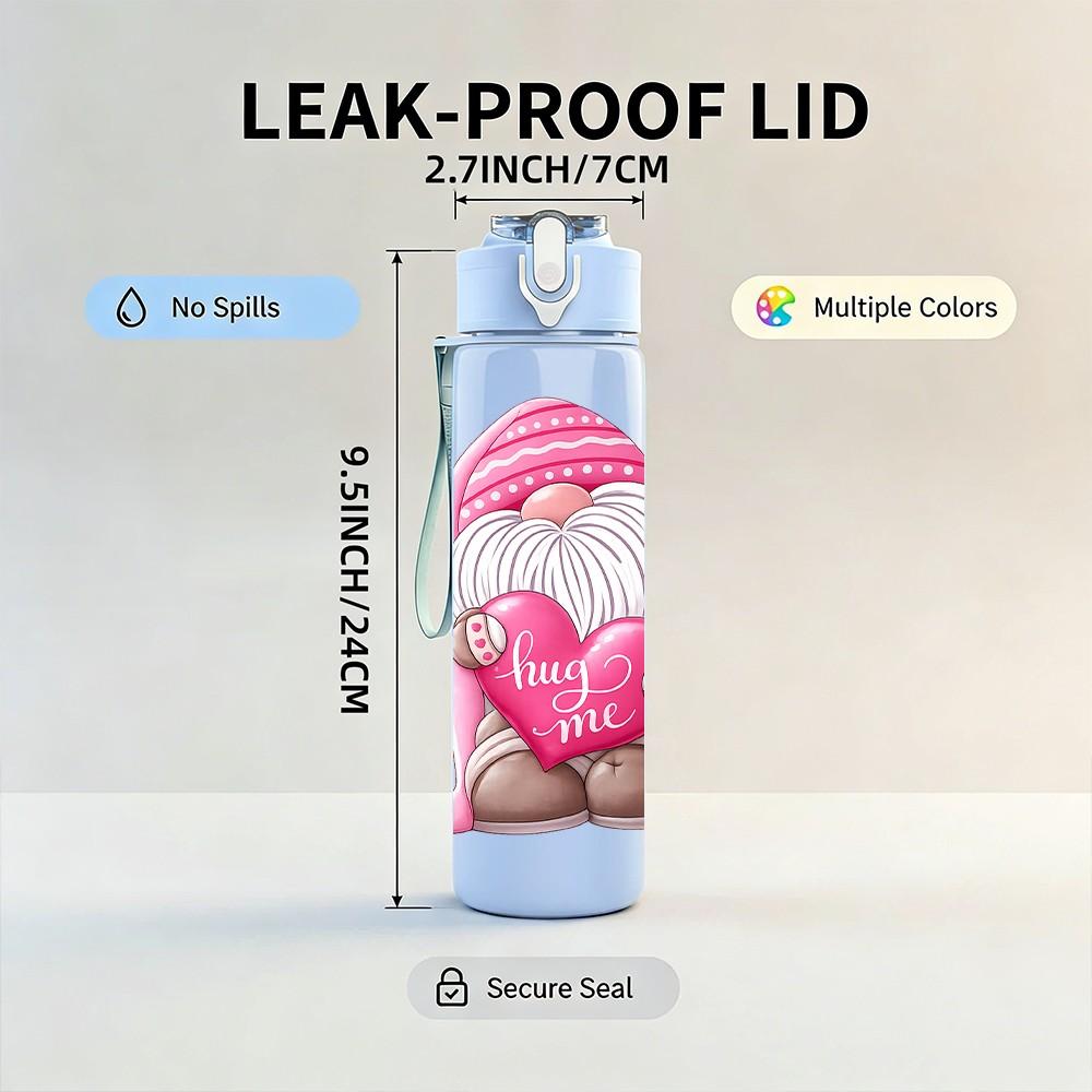 1PC Pink Heart Gnome Cartoon Print 750ml Color Plastic Sports Water Bottle Leakproof Flip Straw Lid Suitable for Sports Office Home Use