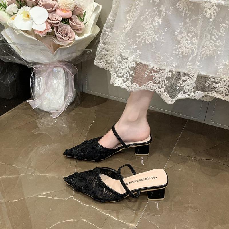 Plus Size Women's New Mesh Slip-on Wrapped-Head Sandals Two-Wear Pointed Toe Thick High-Heeled Slippers