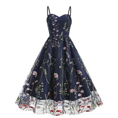 Dámske elegantné šaty s výstrihom do V a vysokým pásom, vintage ramienka, vyšívané kvety, sieťované patchworkové šaty, ležérne šaty s výstrihom do V, dámske jednofarebné voľné spoločenské dlhé šaty 24318