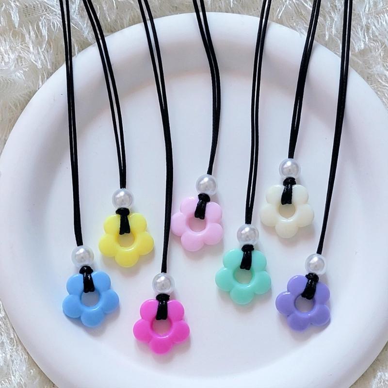 Sweet Cool Pearl Flower Pendant Necklace Fashion Summer Choker Wax Rope Lace up Collar Necklace Statement Jewelry