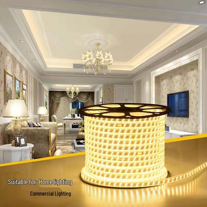 Waterproof 220V LED Strip Lights: Tri-Color, Self-Adhesive, Extra Bright for Living Room, Ceiling Trough, and Outdoor Use