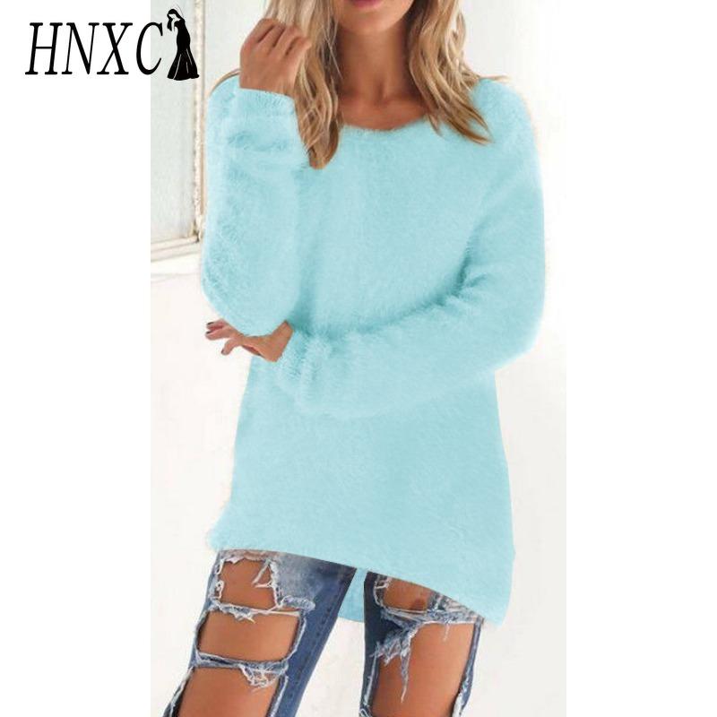 HNXC Women's Fashion Casual Solid Color Print Autumn Winter Long Sleeve O-Neck Loose Sweaters