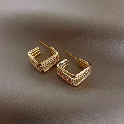 Inlaid Rhinestone Geometric Square Earring for Women European and American Metal Hoop Earrings Light Luxury Simple Zircon Gift