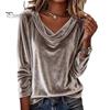 Classy Commuting Top Women Tops Loose Fit Large Neckline Long Sleeve Velvet Relaxed Shirt Texture Pullover Solid Color Spring Autumn Blouse