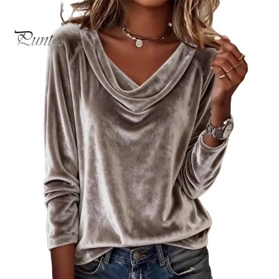 Classy Commuting Top Women Tops Loose Fit Large Neckline Long Sleeve Velvet Relaxed Shirt Texture Pullover Solid Color Spring Autumn Blouse