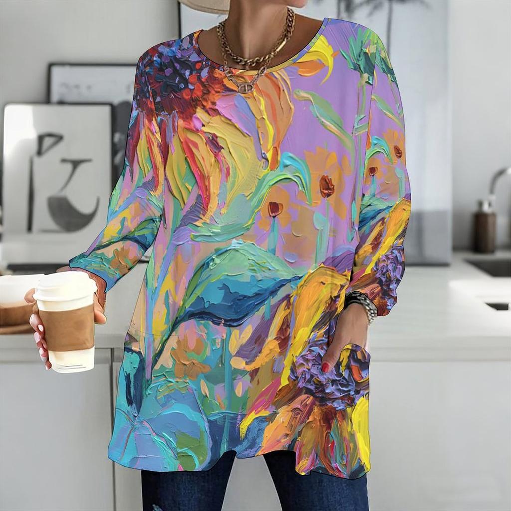 Plus Size Ladies V Neck Long Sleeve Tunic Soft Oversized Tops For Casual Outing And Family Activities