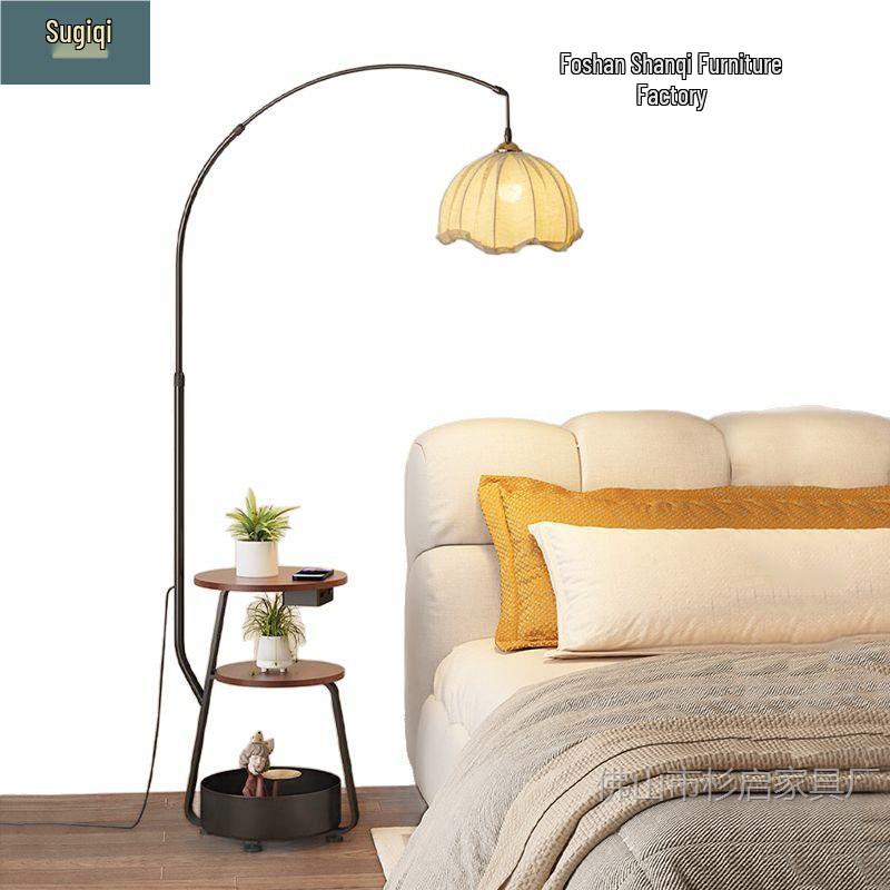 Antique-Style Floor Lamp with Integrated Coffee Table and Storage Rack