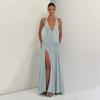 Rochie lungă elegantă pentru femei, culoare solidă, fără mâneci, cu gât halter V, legată, cu crăpătură