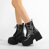 Gdgydh Women Punk Boots PU Leather Embroidered Spider Web Design Shoes Cool Retro Chunky Wedges Platform Boots Lace Up