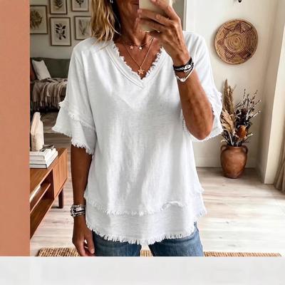 Dames V-hals 3/4 Mouw Franje Detail Losse Pasvorm Casual Blouse