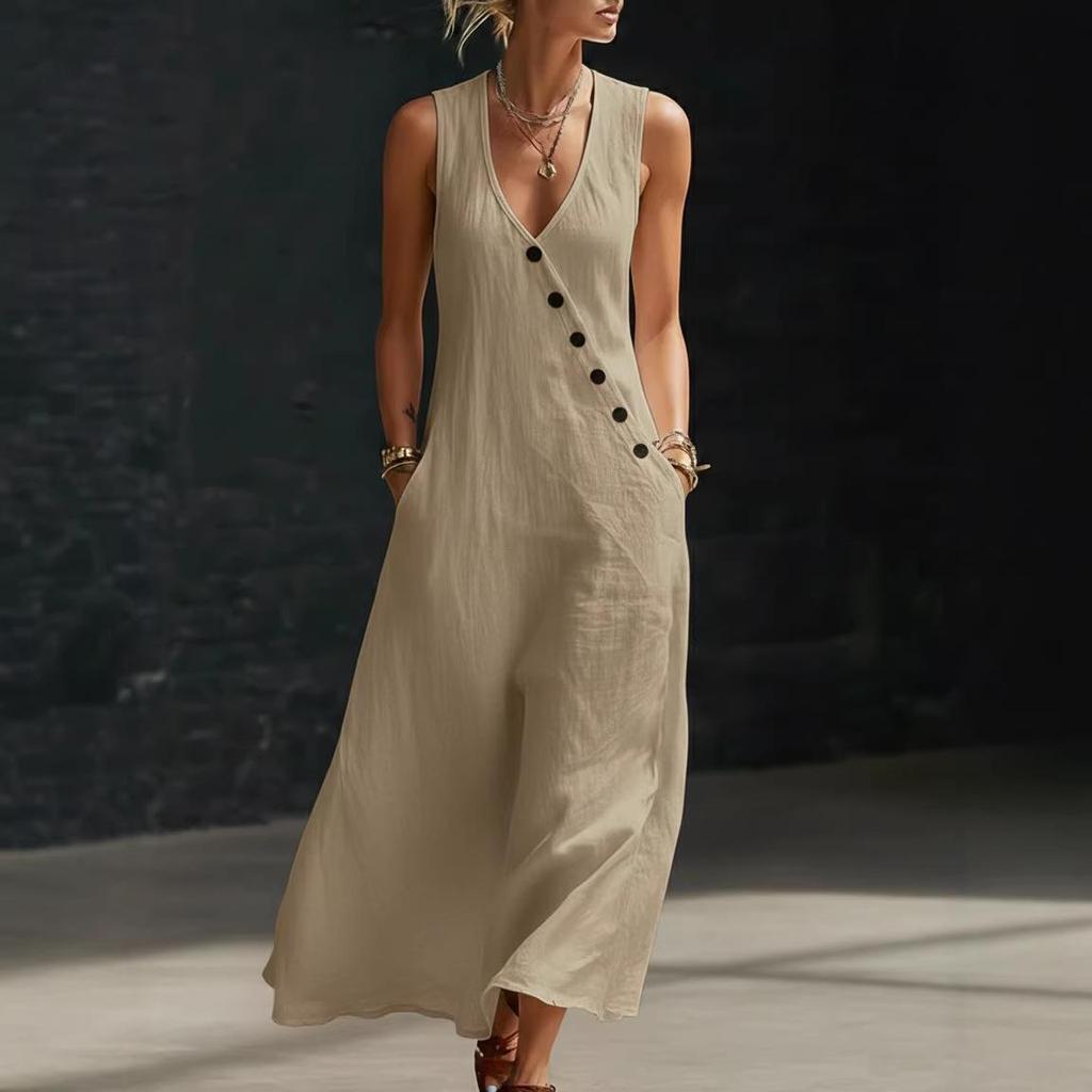 Summer V-neck Sleeveless Button Dress - Women's Holiday Casual Long Style