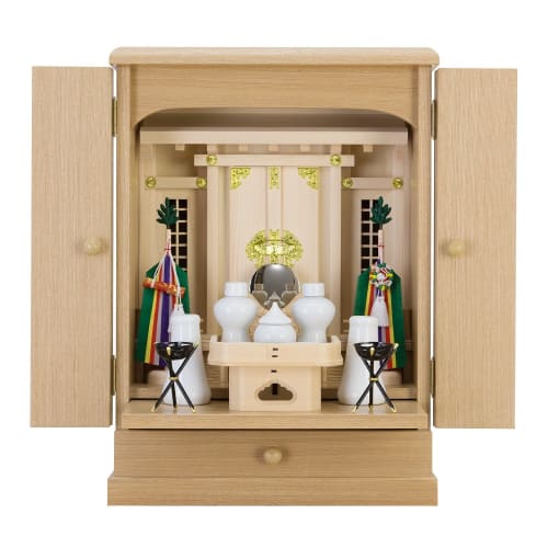 Modern, furniture-style 18-inch Shinto altar with a set of Shinto accessories, including a Shinto spirit seal and miniature ancestral shrine, from Tak